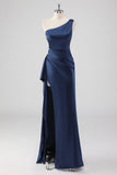 Elegant Navy Satin One Shoulder Formal Dress with Slit