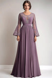 Lace Chiffon Taro Purple Mother Of Bride Dress with Long Sleeves