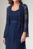 Navy Chiffon A Line Mother Of the Bride Dress with Jackets