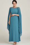 Blue Chiffon Boat Neck Long Mother Of The Bride Dress with Wrap