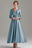 A Line Grey Blue V Neck Mother Of the Bride Dress with Long Sleeves