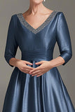 Long Sleeves A Line Dark Blue V Neck Mother of the Bride Dress