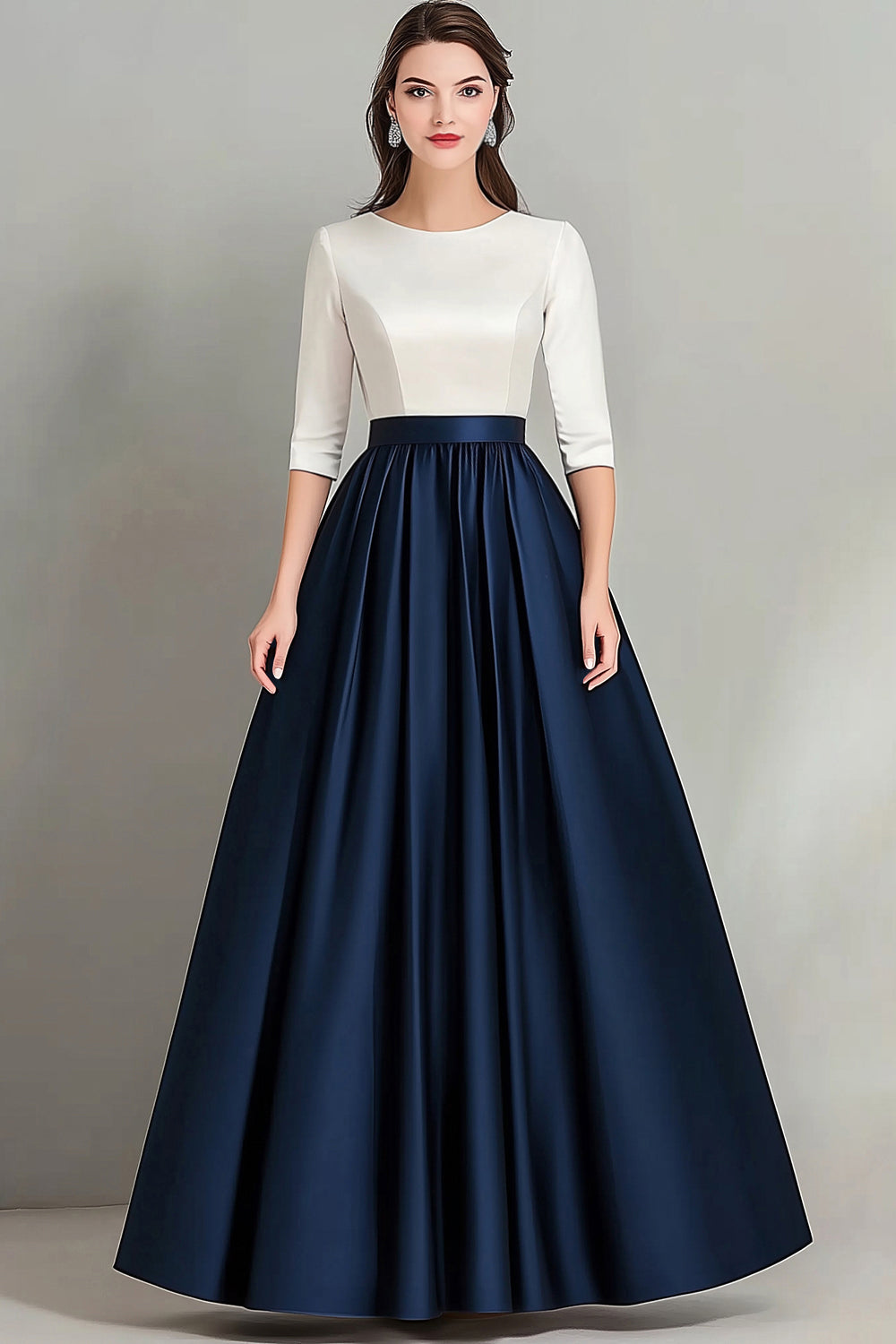 Zapaka Women White Navy Mother Of Bride Dress A Line Boat Neck Half Sleeves Ruched Long Mother Wedding Dress, White+Navy / US10 Zapaka Women White Navy Mother Of Bride Dress A Line Boat Neck Half Sleeves Ruched Long Mother Wedding Dress, White+Navy / US10
