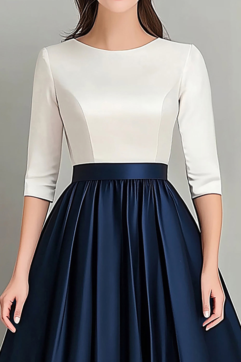 Zapaka Women White Navy Mother Of Bride Dress A Line Boat Neck Half Sleeves Ruched Long Mother Wedding Dress, White+Navy / US10 Zapaka Women White Navy Mother Of Bride Dress A Line Boat Neck Half Sleeves Ruched Long Mother Wedding Dress, White+Navy / US10