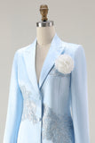Blue 2-Piece Satin Mother of the Bride Dress With Embroidery