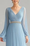 Sky Blue A Line Chiffon V-Neck Long Sleeves Formal Dress