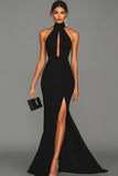 Black Mermaid Halter Neck Satin Formal Dress