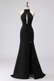 Black Mermaid Halter Cut Out Long Satin Formal Dress with Slit