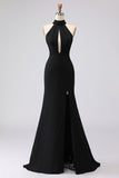 Black Mermaid Halter Neck Satin Formal Dress