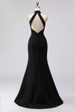 Black Mermaid Halter Cut Out Long Satin Formal Dress with Slit