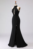 Black Mermaid Halter Cut Out Long Satin Formal Dress with Slit