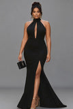 Black Mermaid Halter Keyhole Plus Size Satin Formal Dress with Slit