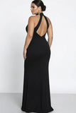 Black Mermaid Halter Keyhole Plus Size Satin Formal Dress with Slit