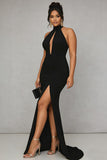 Black Mermaid Halter Keyhole Plus Size Satin Formal Dress with Slit