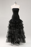 Black Strapless Tulle Tiered Formal Dress with Ruffles