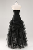 Black Strapless Tulle Tiered Formal Dress with Ruffles