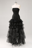 Black Strapless Tulle Tiered Formal Dress with Ruffles