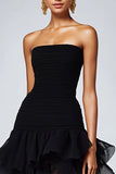 Black Strapless Tulle Tiered Formal Dress with Ruffles