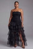 Black Strapless Tiered Tulle Plus Size Formal Dress with Ruffles