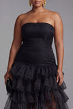 Black Strapless Tiered Tulle Plus Size Formal Dress with Ruffles