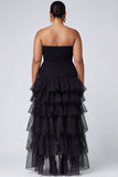 Black Strapless Tiered Tulle Plus Size Formal Dress with Ruffles