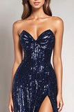 Sparkly Sequins Mermaid Navy Strapless Tight Formal Dress with Slit