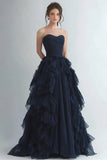 Organza Navy Tiered Strapless A Line Formal Dress