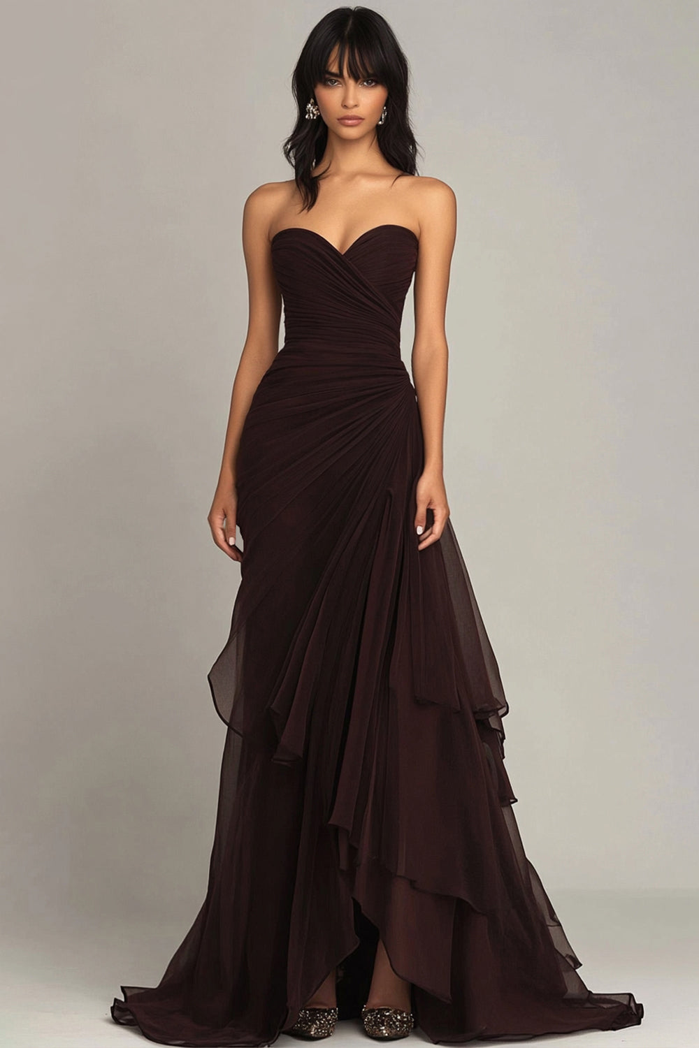 Zapaka Women Dark Brown Sweetheart Ruffled Formal Dress Ruched Strapless Mermaid Evening Dress ZAPAKA Zapaka Women Dark Brown Sweetheart Ruffled Formal Dress Ruched Strapless Mermaid Evening Dress ZAPAKA