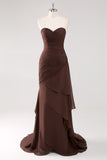 Dark Brown A-Line Sweetheart Ruched Ruffled Long Formal Dress