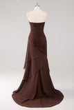 Dark Brown A-Line Sweetheart Ruched Ruffled Long Formal Dress