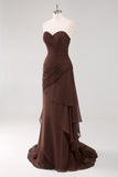 Dark Brown A-Line Sweetheart Ruched Ruffled Long Formal Dress