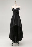 Sparkly Black High-Low A-Line Strapless 3D Flowers Ruffle Satin Formal Dress