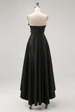 Sparkly Black High-Low A-Line Strapless 3D Flowers Ruffle Satin Formal Dress