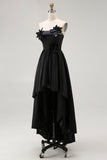 Sparkly Black High-Low A-Line Strapless 3D Flowers Ruffle Satin Formal Dress
