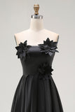 Sparkly Black High-Low A-Line Strapless 3D Flowers Ruffle Satin Formal Dress
