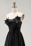 Sparkly Black High-Low A-Line Strapless 3D Flowers Ruffle Satin Formal Dress