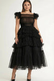 Black A-Line Flatter Sleeves Ruffled Tulle Plus Size Midi Formal Dress