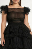 Black A-Line Flatter Sleeves Ruffled Tulle Plus Size Midi Formal Dress