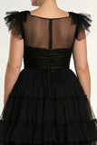 Black A-Line Flatter Sleeves Ruffled Tulle Plus Size Midi Formal Dress