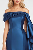 Dark Blue Mermaid Off the Shoulder Ruffles Satin Evening Dress