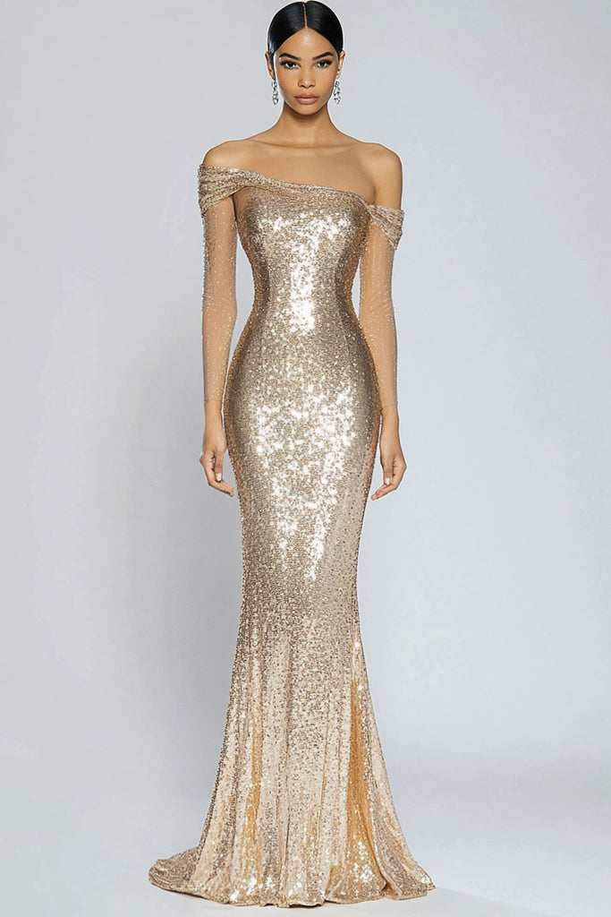 ZAPAKA Women Sparkly Champagne Long Prom Dress Mermaid Off the Shoulder