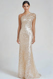 Sparkly Champagne Mermaid One Shoulder Formal Dress with Sequins