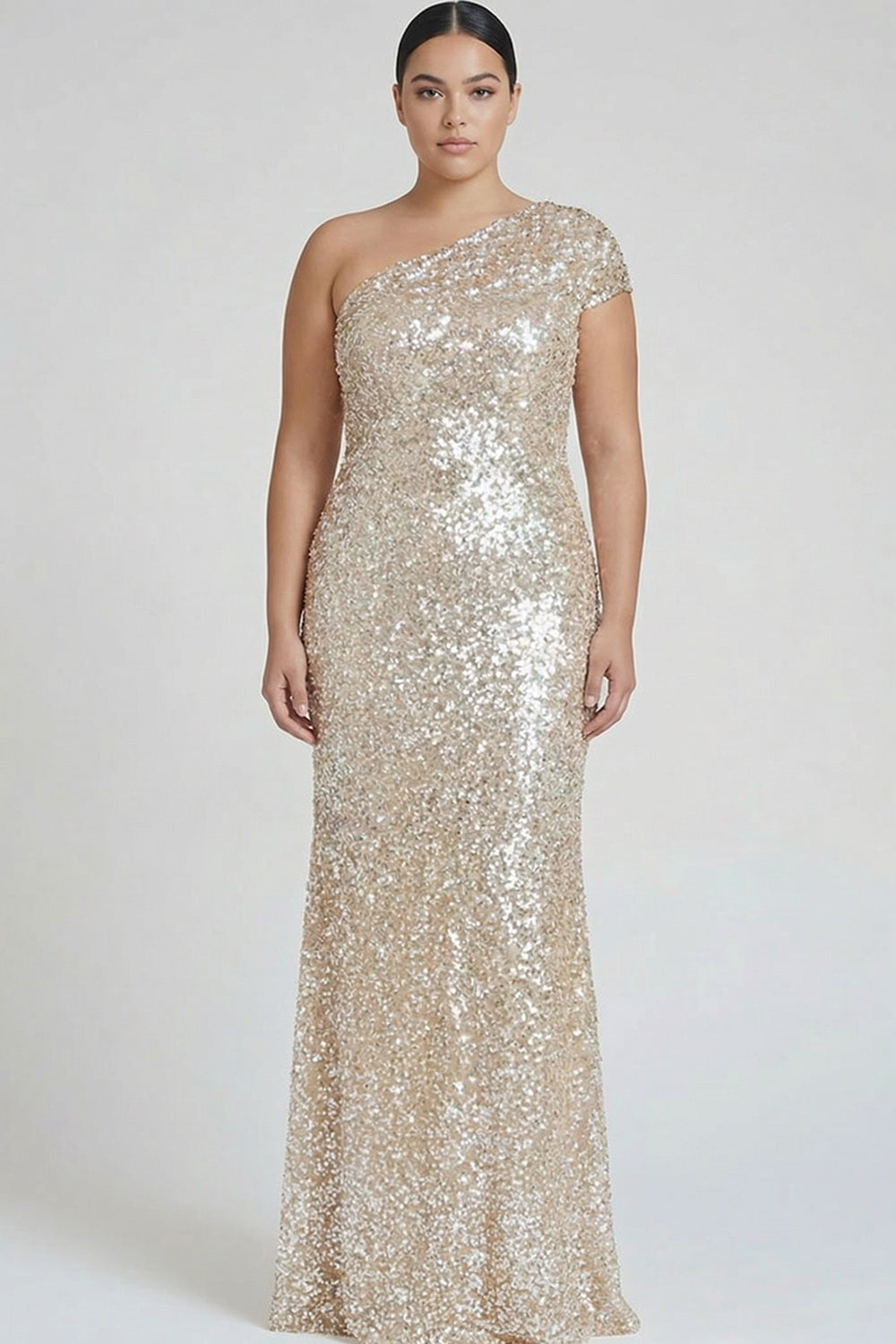 Zapaka Women Sparkly Champagne Formal Dress Plus Size One Shoulder Sheath Party Dress with Sequins, Champagne / US8 Zapaka Women Sparkly Champagne Formal Dress Plus Size One Shoulder Sheath Party Dress with Sequins, Champagne / US8