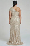 Sparkly Champagne One Shoulder Plus Size Sheath Formal Dress with Sequins