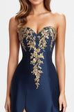 Beaded Navy Blue A Line Sweetheart Satin Sparkly Formal Dress with Slit