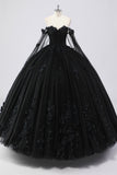 Black Ball Gown Off the Shoulder Tulle Quinceanera Dress with 3D Flowers