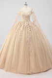 Princess Champagne Off the Shoulder Cape Sleeves Tulle Quinceanera Dress with Appliques