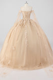 Princess Champagne Off the Shoulder Cape Sleeves Tulle Quinceanera Dress with Appliques