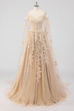 Princess Champagne Off the Shoulder Cape Sleeves Tulle Quinceanera Dress with Appliques