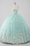 Princess Mint Ball Gown Strapless Tulle Quinceanera Dress with 3D Flowers